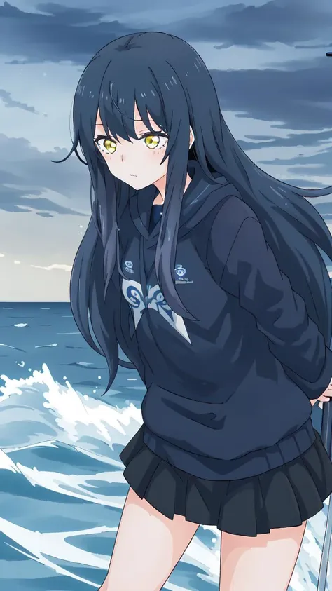 masterpiece, best quality, 8k, "visual novel"
<lora:add_detail:-0.5>
<lora:Kindred_Spirits_on_the_Roof.v2-000005:0.85> kd_vnstyle
1girl, (solo)
fishing boat, ruff sea, stormy ocean, waves, windy weather, dark sky, storm clouds,
"                            "  
 <lora:MikoV1.4:0.55> MIKO, YELLOW EYES, LONG HAIR, BLACK HAIR, BLUE HAIR, MULTICOLORED HAIR, SIDELOCKS, BANGS