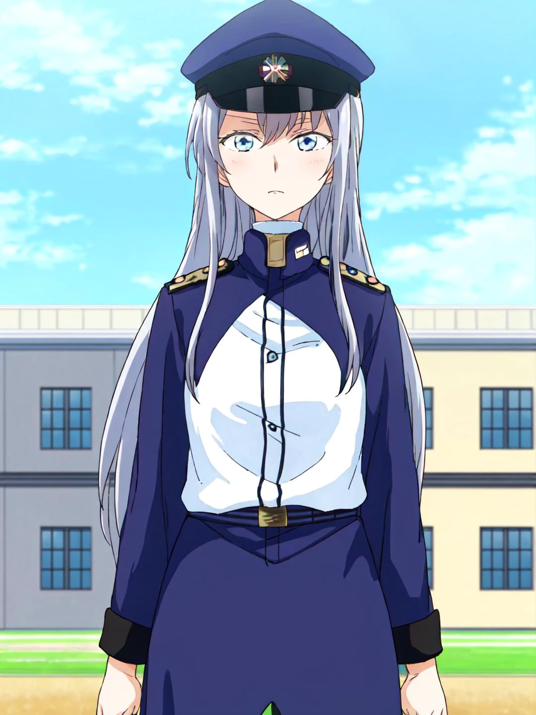 masterpiece, best quality,
vivid colors,
<lora:kindred_spirits_v5:0.9> kd_vnstyle
1girl , (solo),
<lora:lena5e4_768:0.6> VLADILENA MILIZE, white hair, blue eyes, long hair, straight hair,
(military uniform,hat:1.25)
outdoors, military building, blue sky, clouds,