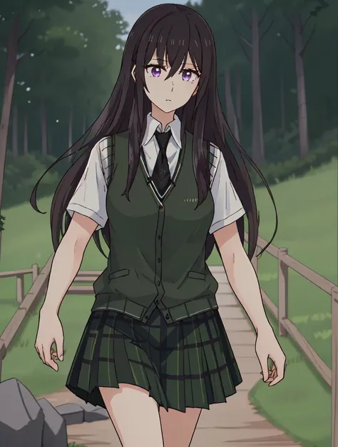 masterpiece, best quality, 8k, "visual novel"
<lora:add_detail:-0.75>
<lora:Kindred_Spirits_on_the_Roof.v2-000005:0.75> kd_vnstyle
1girl, (solo)
running, dark forrest, trees, grass, bushes, vegetation
" "
facing viewer,
<lora:aiharamei:0.7> AIHARA MEI, black hair,long hair,hair between eyes,hair over breasts,purple eyes,expressionless,school uniform,dress shirt,green vest,short sleeves,black necktie,brown checkered skirt,green socks,