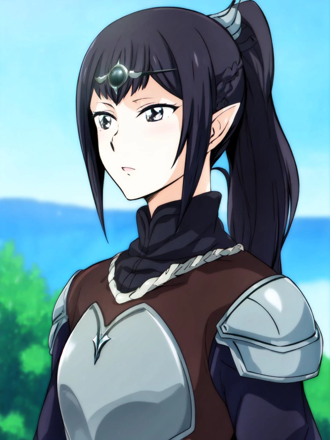 masterpiece, best quality,
vivid colors,
<lora:kindred_spirits_v5:1> kd_vnstyle
1girl , (solo),
<lora:ShadowHeart:0.5> shadowheart
black hair, braided ponytail, circlet, elf, pointy ears, armor, 3d render, realistic, blurry background