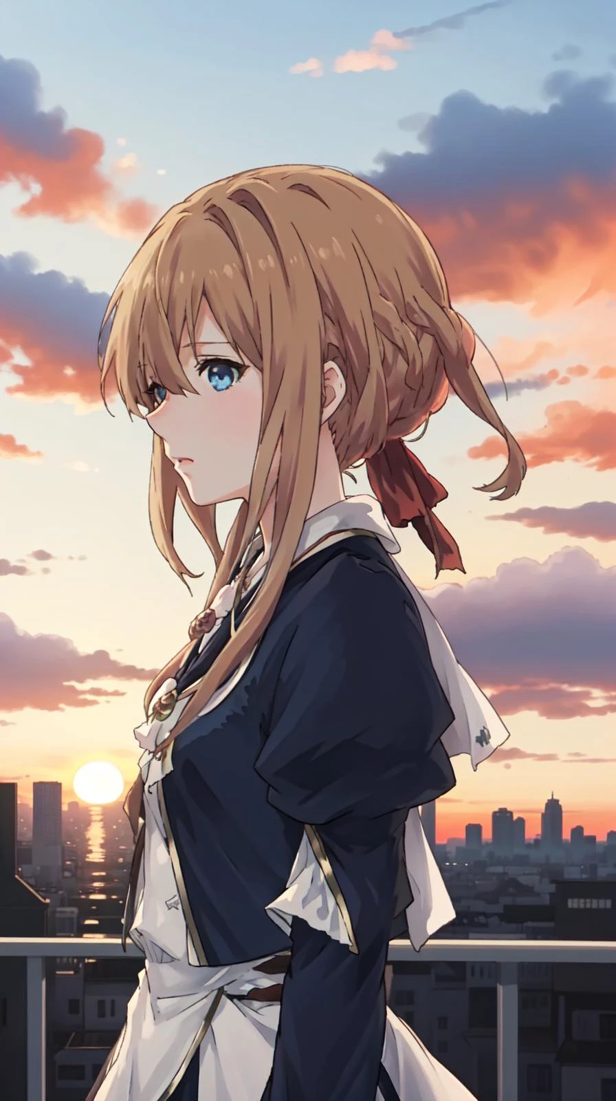 masterpiece, best quality,
<lora:add_detail:-0.5>
<lora:Kindred_Spirits_on_the_Roof.v2-000005:0.75>
,kd_vnstyle
(small eyes),
1girl, (solo)
<lora:Ever garden:0.8> violet_evergarden, blue_eyes,
city background, orange sky, cloud,sunset
long blond hair,
((facing viewer)),
frontal