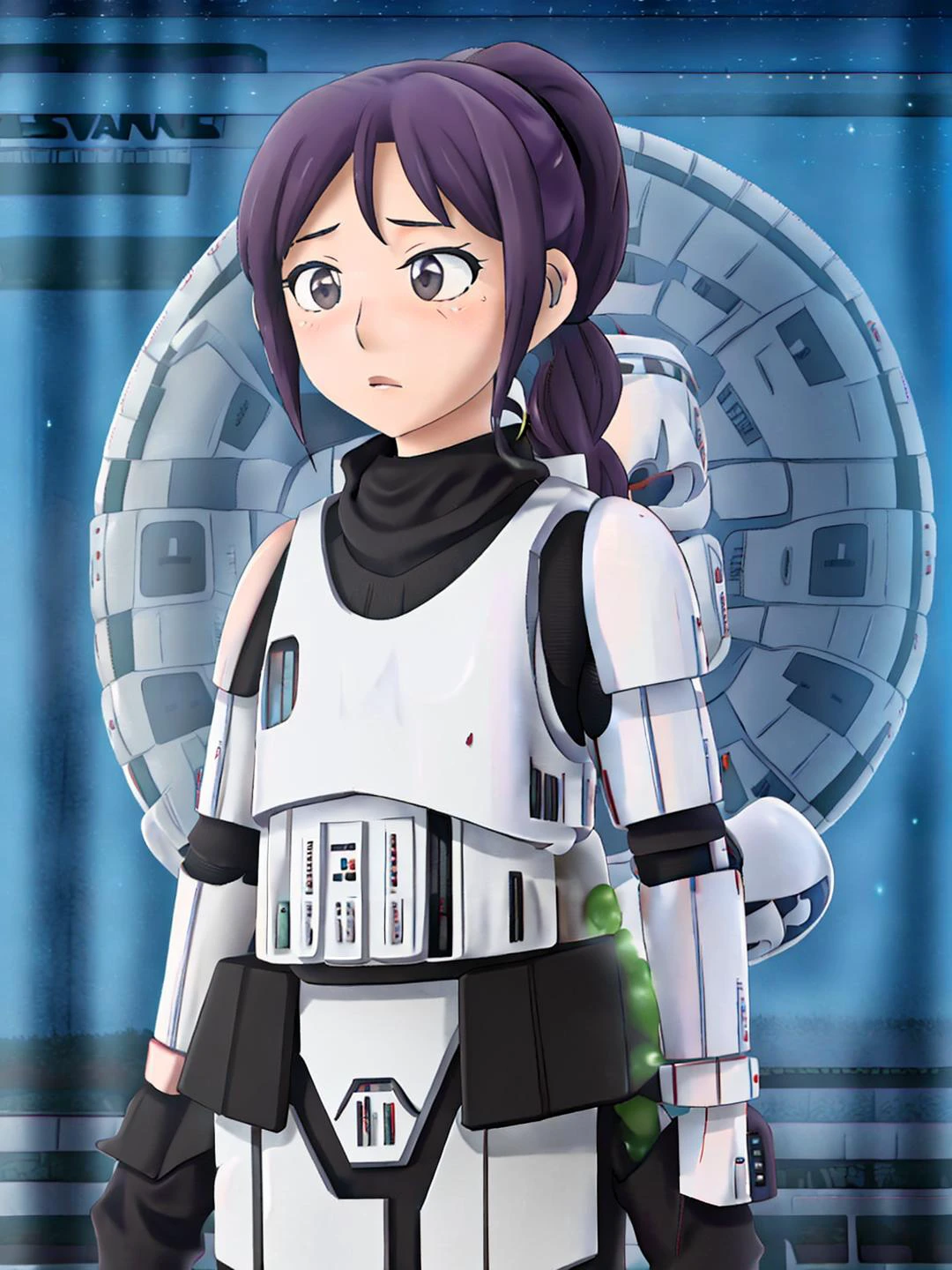 masterpiece, best quality,
vivid colors,
<lora:kindred_spirits_v5:0.8> kd_vnstyle
<lora:add_detail:-0.45>
1girl , (solo),
(65 years old, 65y.o, (old, wrinkles:1.1))
purple hair,
" ",
short ponytail,
(<lora:CONCEPT-StormTrooper:1> STORMTROOPER, ARMOR:1.35)
standing in front of moon, night sky,,
""