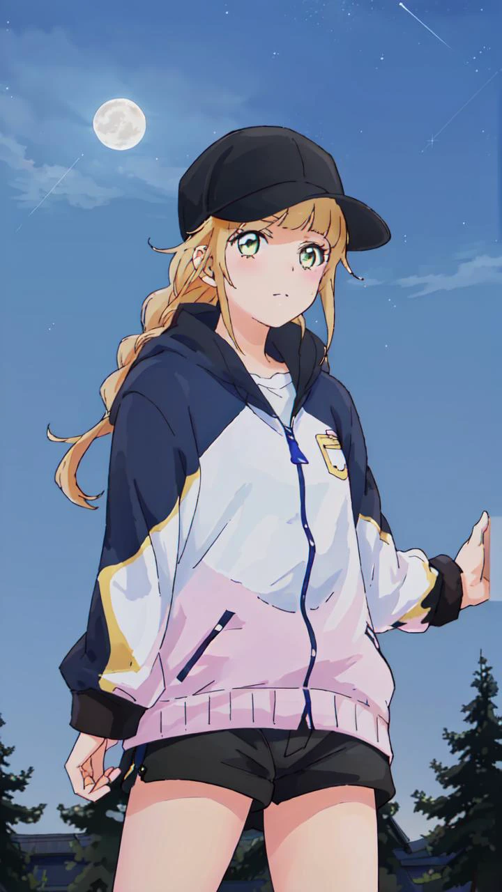 masterpiece, best quality, 8k, "visual novel"
<lora:add_detail:-0.75>
<lora:Kindred_Spirits_on_the_Roof.v2-000005:0.75> kd_vnstyle
1girl, (solo)
flying in the sky, stars, night, moon,
" "
facing viewer, looking at viewer,
<lora:YaBoyKongming-Eiko-1.0x:0.7> Tsukimi Eiko, yaboykongming-eiko, black-yellow-pink jacket, baseball cap, black shorts