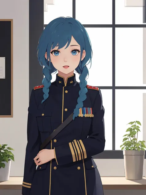 masterpiece, best quality,
vivid colors,
 <lora:kindred_spirits_v5:0.1> kd_vnstyle
 <lora:add_detail:-1>
1girl , (solo),
("        ")
blue hair,
"  ",
braids,
(military uniform:1.35)
office,
comedy, funny,