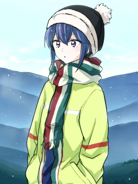 masterpiece, best quality,
vivid colors,
 <lora:kindred_spirits_v5:0.9> kd_vnstyle
<lora:yurucamp_shima:1> shima rin,blue hair, purple eyes,
(outdoor clothing), mountain, snow, winter,
scarf, hat,
1girl , (solo),