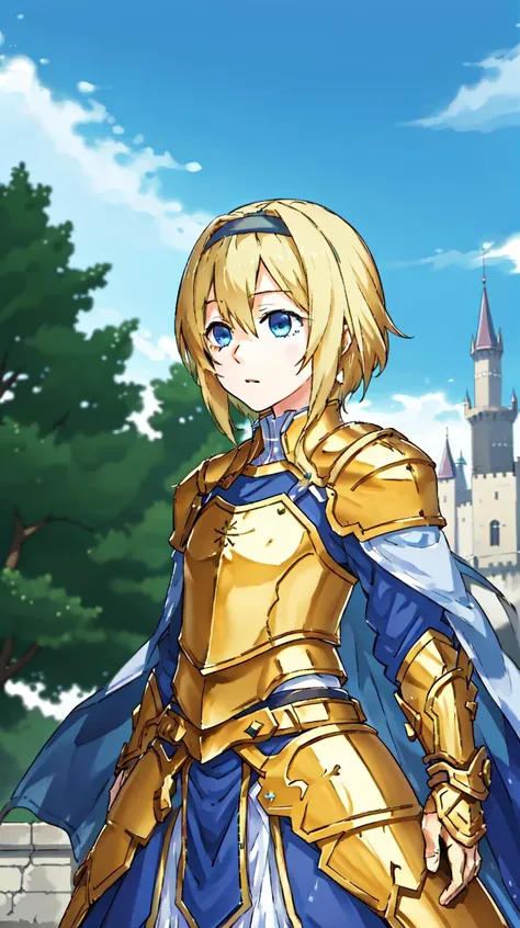 A woman in armor standing in front of a castle - SeaArt AI