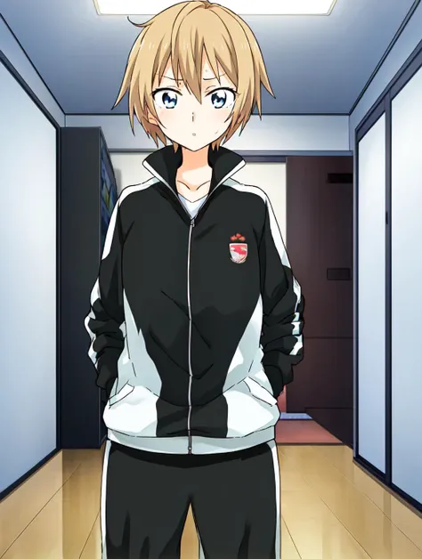 masterpiece, best quality,
vivi colors,
<lora:kindred_spirits_v5:0.95> kd_vnstyle
<lora:add_detail:-0.2>
1girl, (solo),
blond hair, short hair, messy hair,
break blue eyes,
sportswear, black jacket,
red shorts,
bedroom, indoors,
standing
looking at viewer,