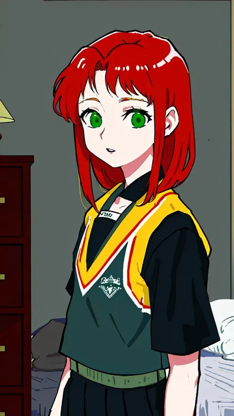 masterpiece, best quality,
 <lora:add_detail:-0.7>
,kd_vnstyle
(small eyes),
vivid colors,
1girl, (solo)
(21 years old, 21y.o, adult)
red hair,
dark green eyes
shoulder lenght hair
serafuku,
bedroom
cyberpunk