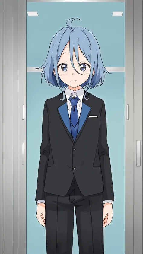 masterpiece, best quality,
<lora:add_detail:-0.35>
 <lora:kindred_spirits.v3-000007:1> 
,kd_vnstyle
(small eyes),
1girl, (solo)
(65 years old, 65y.o, (old, wrinkles:1.1))
blue hair,
"     "
"      "
office suit, necktie, pants
front view
"             "