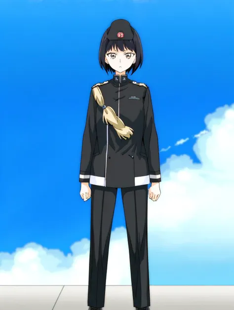 masterpiece, best quality,
vivi colors,
<lora:kindred_spirits_v5:0.95> kd_vnstyle
<lora:add_detail:-0.2>
1girl, (solo),
short black hair,
brown eyes,
stern look, looking looking at viewer,
(military uniform:1.25), hat, pants,
outdoors,
blue sky, clouds,
standing, full body,