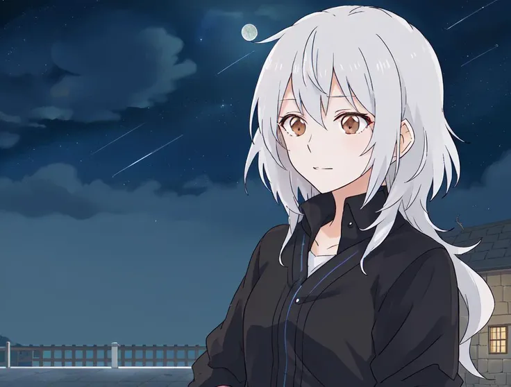 masterpiece, best quality, 8k,
 <lora:add_detail:-1>
 <lora:kindred_spirits.v4-000006:0.85> kd_vnstyle
1girl, (solo),
("  ")
glowing hair, white hair, sparkling hair,
brown eyes,
crazy hair,
(shirt:1.2)
standing in front of moon, night sky,,
medieval, "middle ages", history