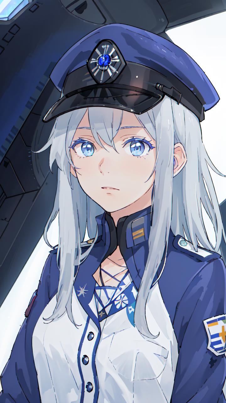 Anime girl in uniform with blue eyes and white hair - SeaArt AI