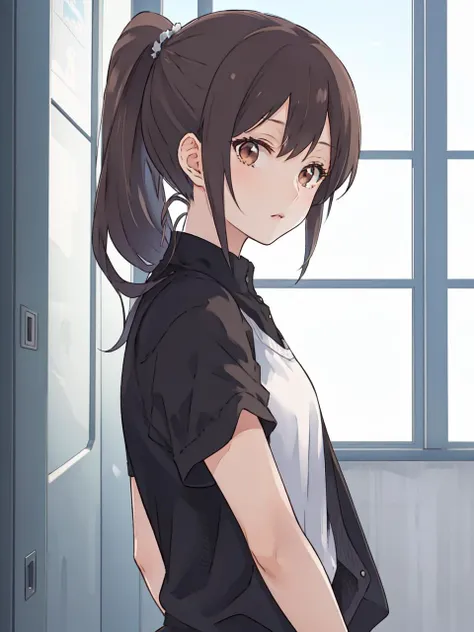(looking to the side:1.5),leaning forward 、Shooting from the front、upper body,Realistic, real person, (pale skin: 1.2), RAW photo, photorealistic, shiny skin, shiny hair、 (A 25-year-old woman with medium-length hair and bangs) and (wavy hair) and (brown hair) and (Orange Eyes), look stupefied、The background is the washroom,（yellow tank top）、opening the door