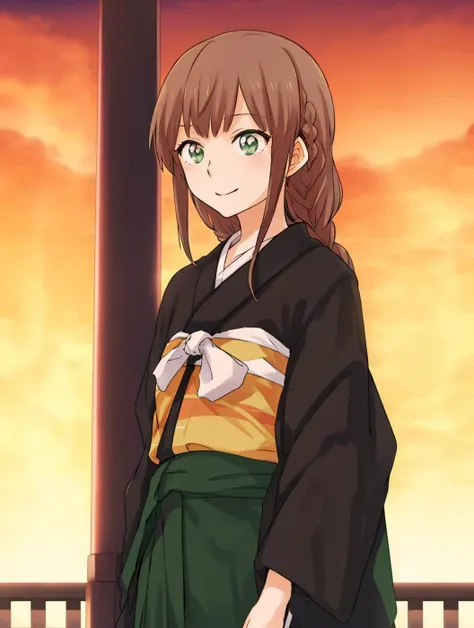 masterpiece, best quality,
vivi colors,
<lora:kindred_spirits_v5:0.85> kd_vnstyle
<lora:add_detail:-0.6>
1girl, (solo),
red hair, single braid,
green eyes,
yukata,
standing,
school festival, outdoors, evening, orange sky
facing viewer, looking at viewer, smile,