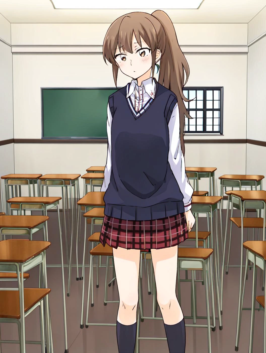 masterpiece, best quality,
vivi colors,
 <lora:kindred_spirits_v5:0.95> kd_vnstyle
 <lora:add_detail:-0.2>
1girl, (solo),
brown hair, brown eyes,ponytail, toomi yuna, 
white collared shirt, 
break
(red sweater vest:1.2)
pleated skirt ,plaid skirt, white legwear, kneehighs,  school school uniform, 
standing
classroom,  indoors,