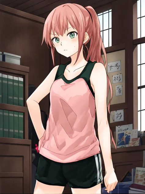 masterpiece, best quality,
<lora:kindred_spirits_v5:1> kd_vnstyle
<lora:add_detail:-0.65>
1girl, (solo)
(" ")
pink hair,
dark green eyes,
" ",
(tanktop, shorts:1.2)
office,
medieval, "middle ages", history