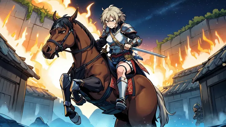 best quality,action scene,knights,armor,burning village,fire,night,fantasy,riding horse,<lora:kindred_spirits.v3-000007:0.8>,kd_vnstyle,<lora:add_detail:0.3>,clenched teeth,long sword,<lora:UnlimitedBladeWorks1.6:0.8>,holding weapon handle,angry,determined,charging with sword,