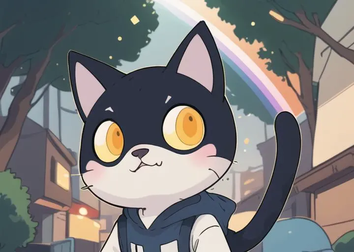 <lyco:Rufuta_01:1.0>, rufuta, furry, cat, solo, rainbow, chibi, outdoor, depth of field, perfect lighting, light particles,best quality,masterpiece,ultra detailed,sharp focus,light particles, upper body