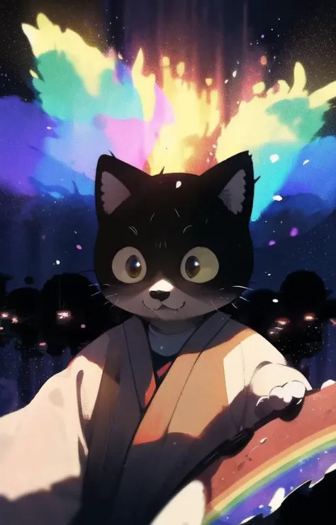 <lyco:Rufuta_01:1.0>, rufuta, cat, sky, chibi, cloud, rainbow, watercolor, godray, depth of field, perfect lighting, light particles,best quality,masterpiece,ultra detailed,sharp focus,light particles, Tyndall effect, upper body, <lora:LAS:0.85> , rainbow, spark, simple background, fluffy hair, fluffy tail, cat tail, feathers, dynamic angle