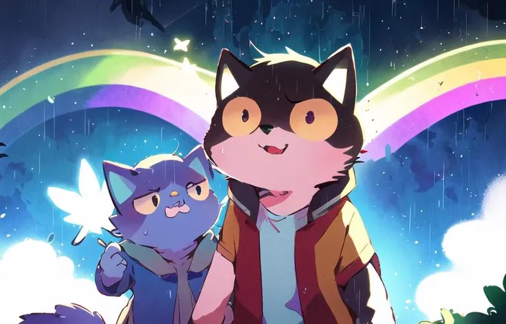 <lyco:Rufuta_01:1.0>, (rufuta), furry, cat, star, fluffy ear, cat ear, dog ear, chibi, cloud, rainbow, rain, godray, depth of field, perfect lighting, light particles,best quality,masterpiece,ultra detailed,sharp focus,light particles, upper body, <lora:LAS:0.3> , rainbow, spark, simple background, fluffy hair, dynamic angle, <lora:风格 - ??绘本 - COOLKIDS_MERGE_V2.5:0.9>