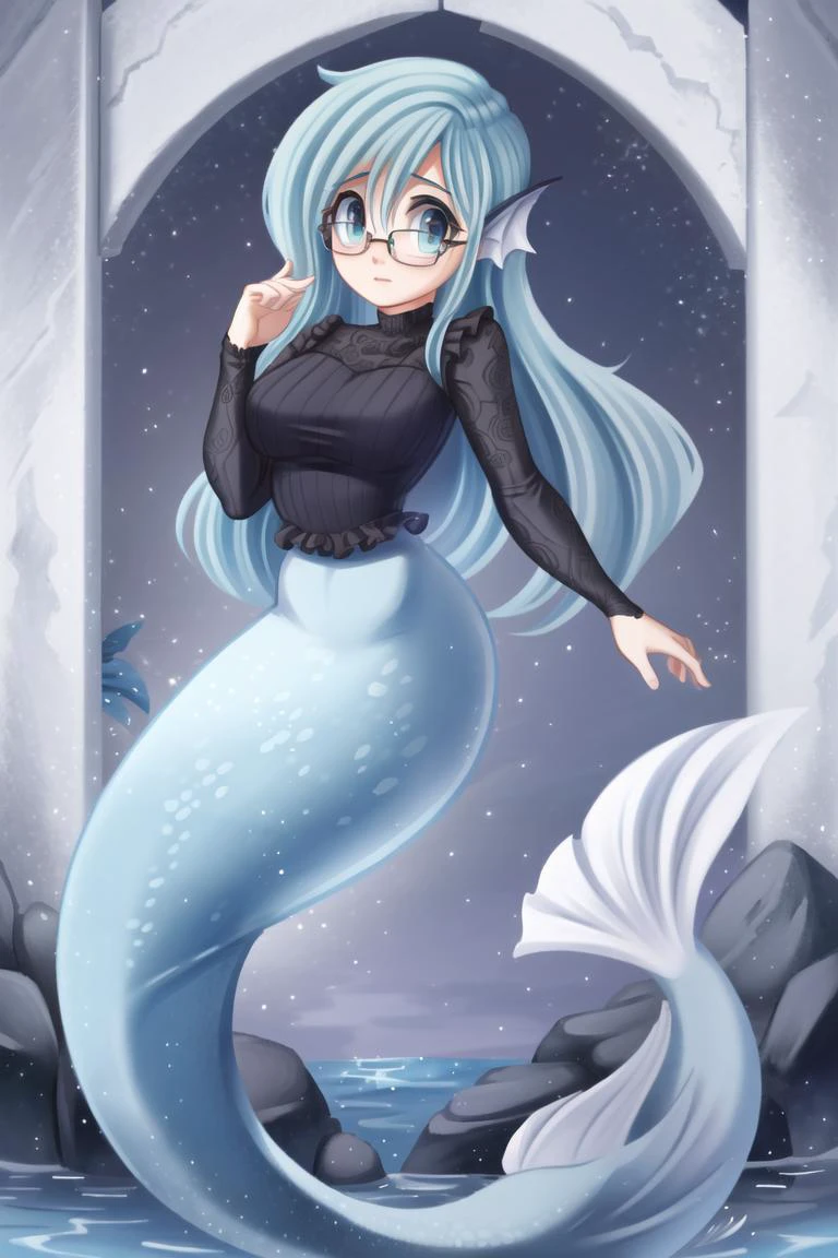 ((best quality)), ((highly detailed)), masterpiece, (detailed eyes, deep eyes), (1girl), (glasses), full body, <lora:hairdetailer:1>, <lora:aiomonstergirls_loraLocon:.1>, <lora:animeMermaid_v10:1>, (mermaid), fins, <lora:Sayman:.9>