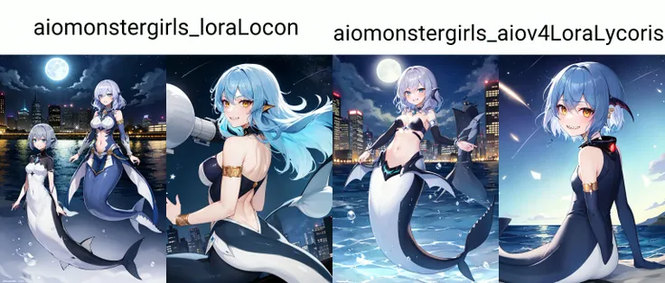 ((best quality)), ((highly detailed)), absurdres, (detailed eyes, deep eyes), (1girl), full body, (((wide shot))), <lora:aiomonstergirls_loraLocon:.9>, <lora:animeMermaid_v10:.5>, (mershark), shark girl, grey hair, medium hair, (floating hair), blue eyes, fins, mermaid, <lora:Better Sharp Teeth 3:1>, sharp teeth, grin, armlet, underwater, (outside, in a city, (((multiple girls))), midnight, night sky, stars, moonlight)