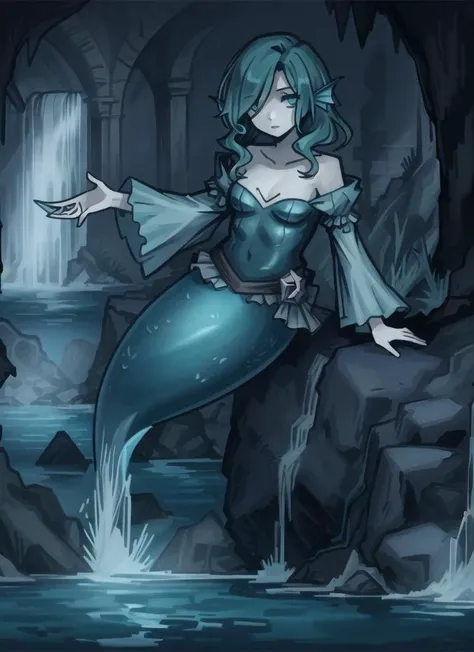((best quality)), ((highly detailed)), masterpiece, (detailed eyes, deep eyes), (1girl), full body, <lora:aiomonstergirls_loraLocon:.5>, <lora:animeMermaid_v10:1>, (mermaid), fins, (outside, at a waterfall), <lora:DarkestDungeonV2:.7>, ddstyle, (darkest dungeon:1.3), The Cove
