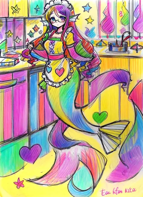 ((best quality)), ((highly detailed)), masterpiece, (detailed eyes, deep eyes), (1girl), (glasses), full body, <lora:hairdetailer:.7>, <lora:aiomonstergirls_loraLocon:1>, <lora:animeMermaid_v10:1>, (mermaid), fins, (inside, at a kitchen, apron), <lora:crayons_v1:1>