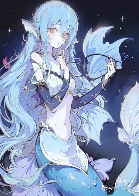 masterpiece, best quality,1girl, a woman, orange eyes, light blue hair, long hair, ringlets, (hair between eyes), despair, innocence, net, captured, off shoulder, crop top, yoshitaka amano character design, style by NTY, lily, morbid, solo <lora:PsychoMode:0.85>, mermaid, mermaid tail, <lora:mermaid-1_mermaid-2--mermaid-3_mermaid-4--retro_ham_avas_jun_rifl--09-01:1>