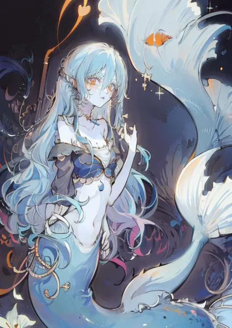 On a moonlit night, furry anthro, kemono, mermaid, a beautiful woman with bright shining scales on her skin dances gracefully on a white sandy beach Her beautiful face and brightly colored shining eyes The sea and the woman's scales shining faintly in the moonlight. Detailed drawing Vivid colors High image quality,