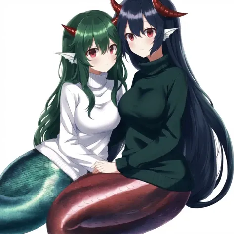 <lora:mermaid-1_mermaid-2--mermaid-3_mermaid-4--retro_ham_avas_jun_rifl--09-01:1>, 
(mermaid:1.0), mermaid tail, 


2girls, bangs, black shirt, blue hair, breast press, dragon horns, dragon tail, green hair, hair between eyes, horns, lap pillow, long hair, mishima coco, multiple girls, oni horns, red eyes, ribbed sweater, shaded face, shirt, single horn, sweater, tail, turtleneck