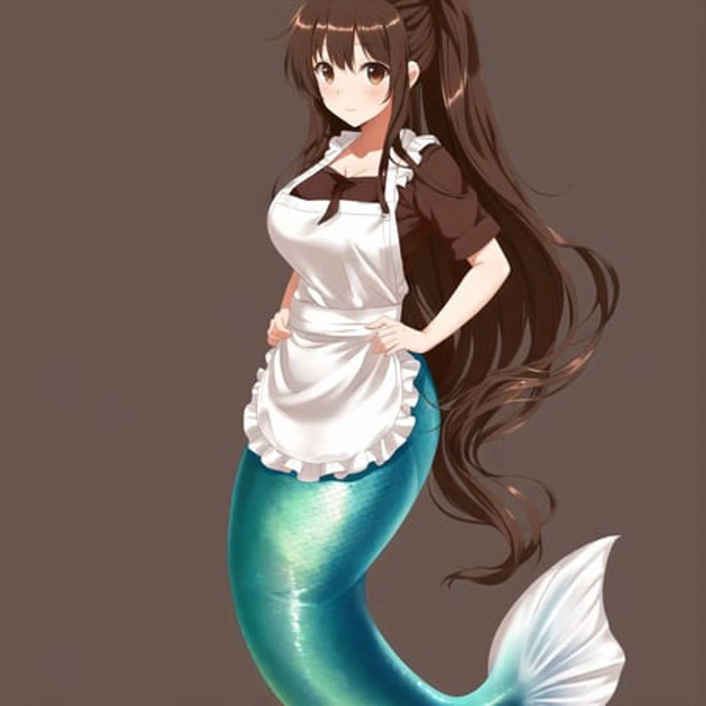 <lora:mermaid-1_mermaid-2--mermaid-3_mermaid-4--retro_ham_avas_jun_rifl--09-01:1>,
(mermaid:1.0), mermaid tail,
full body,
1girl, apron, breasts, brown eyes, brown hair, highres, long hair, ponytail, solo, waitress