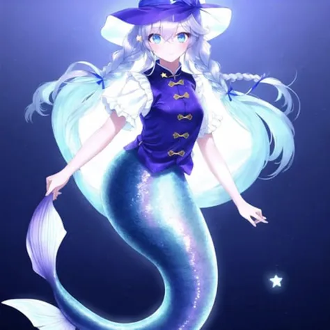 <lora:mermaid-1_mermaid-2--mermaid-3_mermaid-4--retro_ham_avas_jun_rifl--09-01:1>,
(mermaid:1.0), mermaid tail,
full body,
1girl, alternate color, backlighting, blue eyes, braid, chinese clothes, glowing, glowing eyes, hair ribbon, hat, long hair, looking at viewer, ribbon, shirt, short sleeves, silver hair, skirt, solo, star, twin braids, very long hair, vest, violet eyes