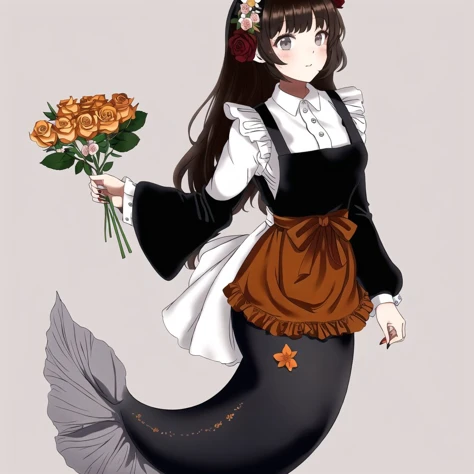 <lora:mermaid-1_mermaid-2--mermaid-3_mermaid-4--retro_ham_avas_jun_rifl--09-01:1>,
(mermaid:1.0), mermaid tail,
full body,
1girl, apron, bangs, black dress, brown hair, closed mouth, collared dress, dress, fingernails, flower, frilled apron, frills, grey eyes, highres, holding, holding flower, leaf, lips, long hair, long sleeves, maid, maid apron, maid headdress, orange flower, orange rose, rose, simple background, sleeve cuffs, solo, tan background, twitter username, upper body, white apron, white headdress, yuum1709