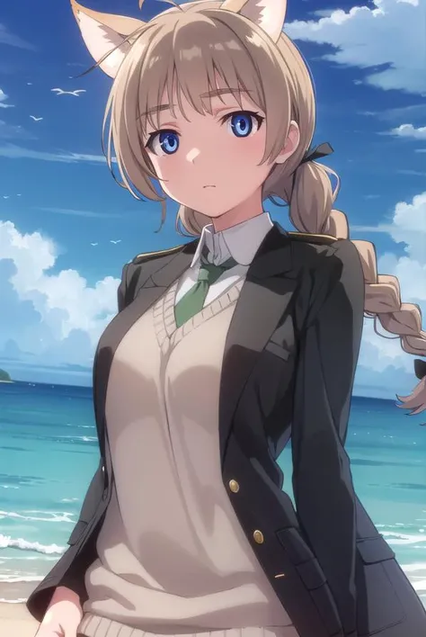 lynettebishop, <lora:lynette bishop anime-lora-nochekaiser:1>,
lynette bishop, long hair, blue eyes, brown hair, animal ears, braid, ahoge, cat ears, single braid, cat girl,
BREAK necktie, sweater vest, jacket, black jacket, long sleeves,
BREAK outdoors, ship, ocean, sun, sky, clouds,
BREAK looking at viewer, (cowboy shot:1.5),
BREAK <lyco:GoodHands-beta2:1>, (masterpiece:1.2), best quality, high resolution, unity 8k wallpaper, (illustration:0.8), (beautiful detailed eyes:1.6), extremely detailed face, perfect lighting, extremely detailed CG, (perfect hands, perfect anatomy),