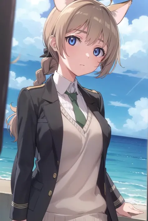lynettebishop, <lora:lynette bishop anime-lora-nochekaiser:1>,
lynette bishop, long hair, blue eyes, brown hair, animal ears, braid, ahoge, cat ears, single braid, cat girl,
BREAK necktie, sweater vest, jacket, black jacket, long sleeves,
BREAK outdoors, ship, ocean, sun, sky, clouds,
BREAK looking at viewer, (cowboy shot:1.5),
BREAK <lyco:GoodHands-beta2:1>, (masterpiece:1.2), best quality, high resolution, unity 8k wallpaper, (illustration:0.8), (beautiful detailed eyes:1.6), extremely detailed face, perfect lighting, extremely detailed CG, (perfect hands, perfect anatomy),