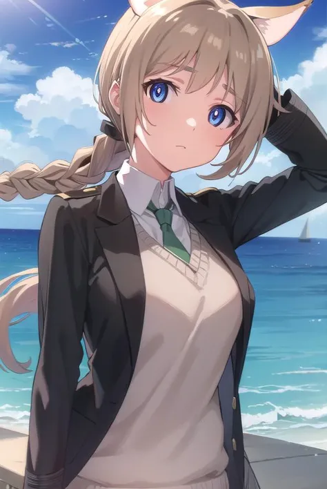 lynettebishop, <lora:lynette bishop anime-lora-nochekaiser:1>,
lynette bishop, long hair, blue eyes, brown hair, animal ears, braid, ahoge, cat ears, single braid, cat girl,
BREAK necktie, sweater vest, jacket, black jacket, long sleeves,
BREAK outdoors, ship, ocean, sun, sky, clouds,
BREAK looking at viewer, (cowboy shot:1.5),
BREAK <lyco:GoodHands-beta2:1>, (masterpiece:1.2), best quality, high resolution, unity 8k wallpaper, (illustration:0.8), (beautiful detailed eyes:1.6), extremely detailed face, perfect lighting, extremely detailed CG, (perfect hands, perfect anatomy),