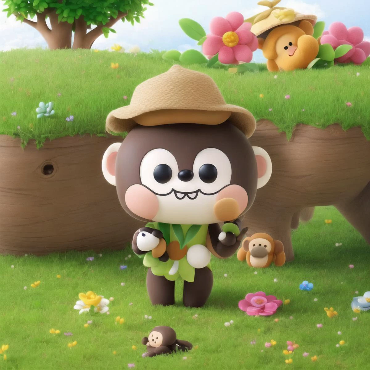 (masterpiece, best quality:1.1)Chibi,A cute monkey, in a flowery dress with a hat on the green grass. Soft light , white background, <lora:Chibi Animals:0.75>