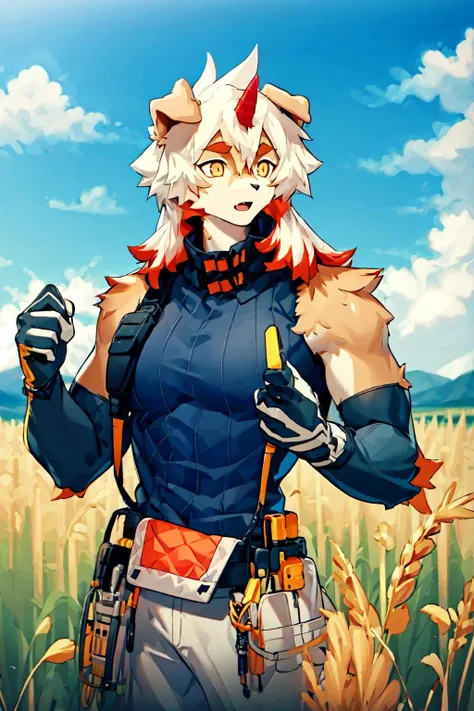 masterpiece,best quality,official art,extremely detailed CG unity 8k wallpaper,ultra-detailed,best illustration,best shadow,perfect lighting,<lora:hungv1:1>,hung,single horn,solo,furry,Holding an Object,breast awe,wheat field,raised eyebrow,