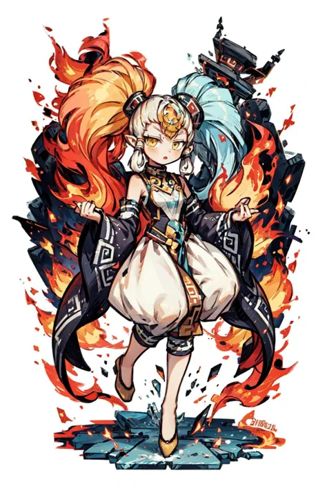 1girl, solo, <lora:Twinrova_v2:0.7> Twinrova, fire hair, ice hair, twintails, long hair, yellow eyes, temple, <lora:add_detail:0.7>, <lora:tachi-e:1> white background, full body