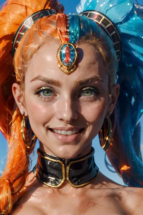 best quality, masterpiece, 4k, absurd res, UHD, ultra-detailed, detailed eyes, detailed skin, detailed hair, detailed face, (face of Evangeline Lilly:Blake Lively), detailed fabric, (1 young beautiful girl, solo:1.1), Yamato (one piece), (multicolored hair, long hair, white hair, aqua hair, two-tone hair, high ponytail, hair stick, hair ornament), (natural big breasts:1.2), (sideboob:1.2), (shimenawa, Japanese clothes with shimenawa, rope, sleeveless kimono, bare arms, kimono, sleeveless, oni, bare shoulders, hakama), (curled horns, red horns, multicolored horns), (happy smile:1.2), earrings, jewelry, (big eyes, brown eyes), collarbone, cowboy shot, v-shaped eyebrows, ((hourglass shape)), sexy pose, ((NSFW))