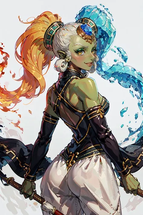 (masterpiece, best quality:1.2), beautiful eyes, cowboy shot,
<lora:Twinrova_v2:0.7>, Twinrova, fire hair, ice hair, twintails, long hair, yellow eyes, green skin,
white pants, from behind, butt,
smug, smile, looking at viewer,