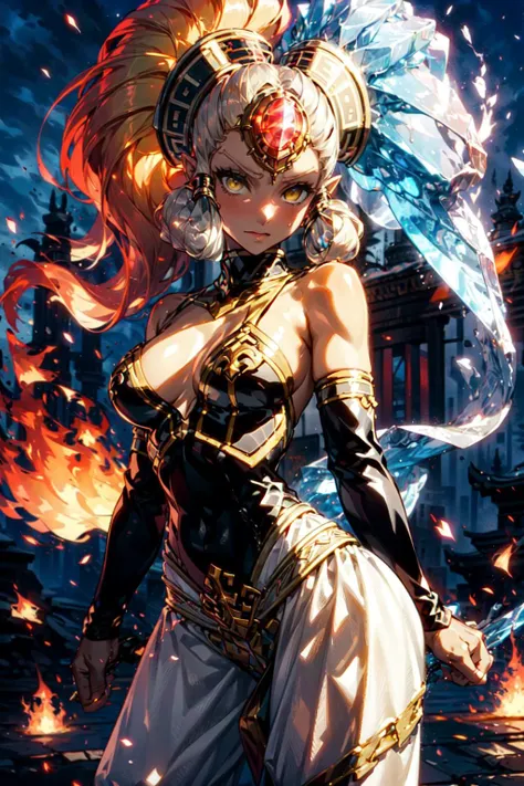 nsfw,Master piece,best quality,ultra-detailed,high resolution,octane render,vndvalkyrie,blonde hair,shining hair,(1 girl),beautiful girl,beautiful mature face,panty shot, ((detailed cameltoe)),white side-tie panties,garter belt,bare shoulders,seductive young woman,female focus,beautiful breasts,full body,(perfect body),standing,(dark purple Cut-Out Bikini with Crimson micro skirt),((see through)),midriff peek,black Choker with chains and Midi Ring,(blonde single braid),big bright green eyes, glowing eyes,(beautiful detailed eyes),cute,cool,pale skin,faint lips,seductive and confident smile,open mouth,(hair, realistic:1),stand,holding_weapon,silver Halberd,open legs,girl trembling with sexual climax,pussy juice stain,shy,Blushing face,fantasy,sweat,steam,(in cave with tentacles)