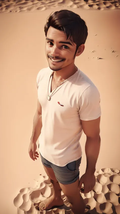 45 yo 1man as male cartoon character, <lora:Tooneame_LoRA:0.6>, shorts, short hair, brown hair, perfect hands, perfect big eyes, looking at viewer, smiling, muscled, shinny skin, beach scene, ocean, kkw-ph1, <lora:top_view_perspective:0.8>, <lora:ToonBeach:0.9>