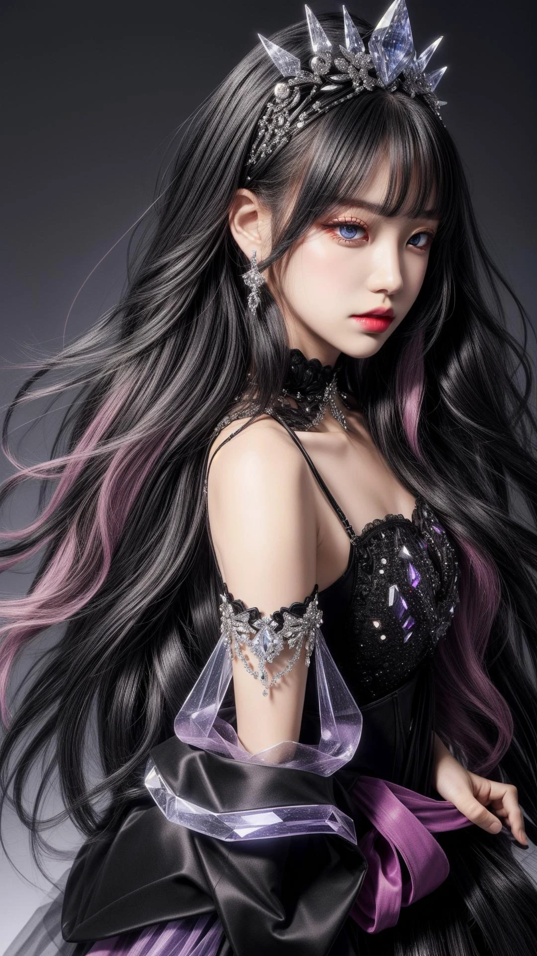 masterpiece, best quality, highres, 1girl wearing detailed Swarovski styled black clothing,crystal, black crystal hair band, young factional fashion, bare shoulders, <lora:more_details:1>, <lora:Crystal-fC-V1:0.6>, black theme, excellent head to shoulder ratio, clean background, <lora:koreanDollLikeness:0.4>, full body,