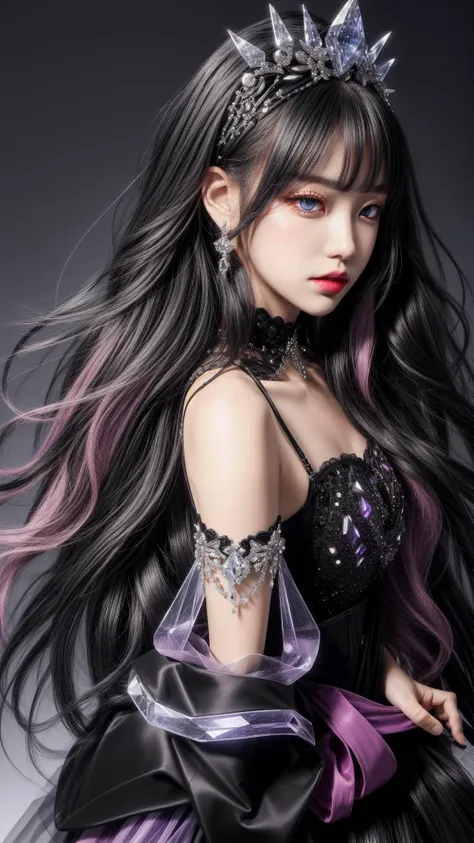 masterpiece, best quality, highres, 1girl wearing detailed Swarovski styled black clothing,crystal, black crystal hair band, young factional fashion, bare shoulders, <lora:more_details:1>, <lora:Crystal-fC-V1:0.6>, black theme, excellent head to shoulder ratio, clean background,  <lora:koreanDollLikeness:0.4>, full body,