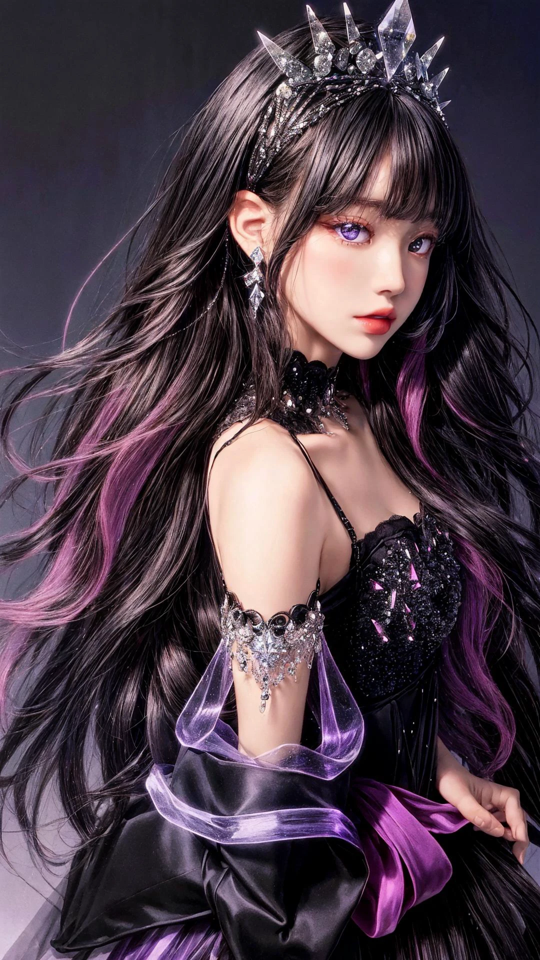 masterpiece, best quality, highres, 1girl wearing detailed Swarovski styled black clothing,crystal, black crystal hair band, young factional fashion, bare shoulders, <lora:more_details:1>, <lora:Crystal-fC-V1:0.6>, purple theme, excellent head to shoulder ratio, clean background, <lora:koreanDollLikeness:0.4>, full body, <lora:weddingdress:0.1>