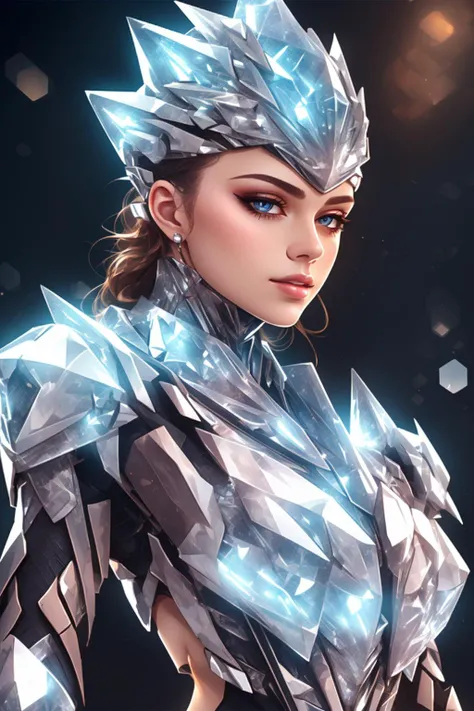 crystal armor, <lora:Crystal-fC-V1:1>, (sharp focus:1.2), portrait, ((posing)), (beautiful face:1.1), detailed eyes, luscious lips, ((skindentation)), (bright studio lighting:1.2), depth of field, bokeh, 4K, HD