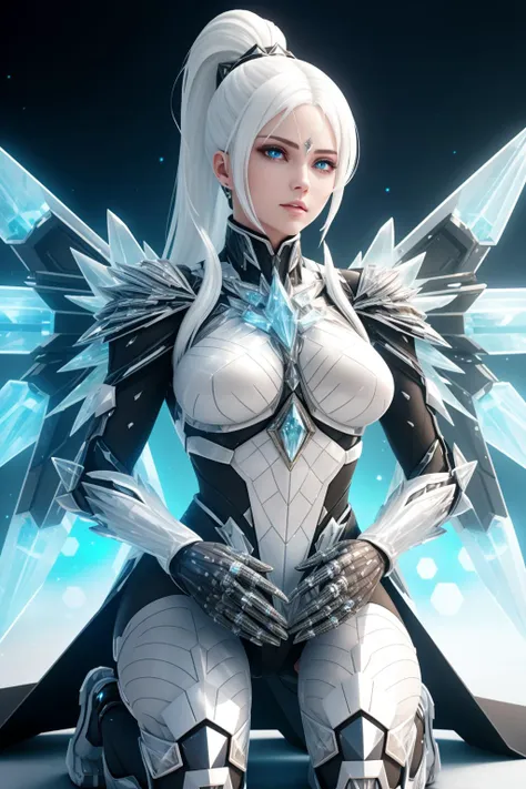 clean, a photo of a beautiful woman, kneeling, science fiction, [crystal (crNanosuit|War_Glam)::0.5], [power armor|crystal armor], wearing [crystal (crNanosuit|War_Glam)::0.5]_breastplate, <lyco:edgNanoWarrior:0.7>, <lora:Crystal-fC-V1:0.8>, ornate, edge lighting, charming, wings, horns, symbol-shaped pupils, perfect face, brown eyes, white hair, high ponytail, luminescent background,