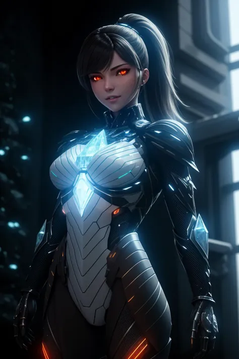 best quality, ultra realistic cg, a photo of a beautiful woman, winking, happy, leaning against a wall, science fiction, [crystal (crNanosuit|War_Glam)::0.5], [power armor|crystal armor], wearing [crystal (crNanosuit|War_Glam)::0.5]_breastplate, <lyco:edgNanoWarrior:0.7>, <lora:Crystal-fC-V1:0.8>, cowboy shot, extremely detailed, harsh shadow, glowing skin, flaming eyes, glowing eyes, detailed skin, black eyes, side ponytail, luminescent background,